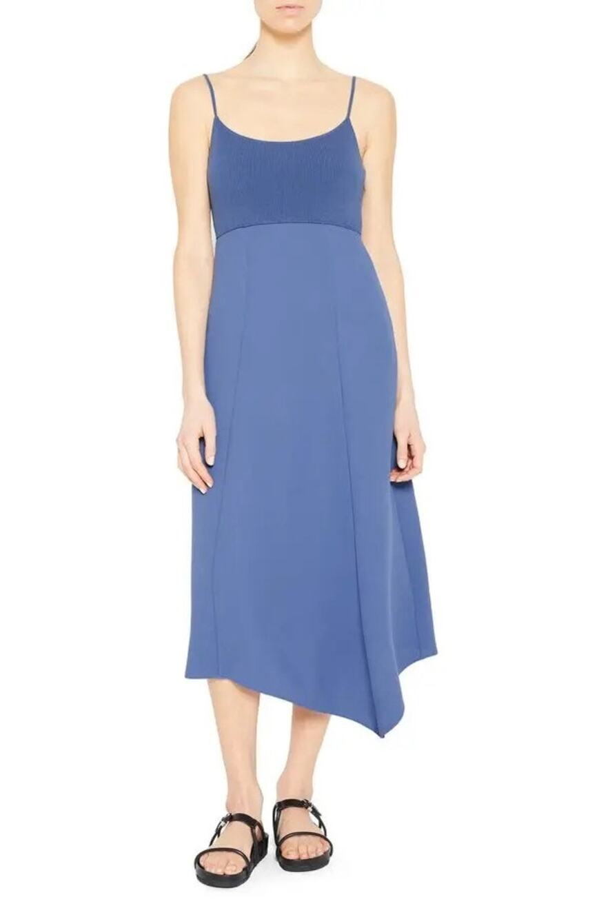 NWT Theory Mixed Media Asymmetric Midi Dress Blue sz M Coastal Preppy Minimalist